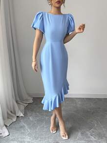 Elenzga Abito aderente elegante con colore uniforme, orlo asimmetrico, maniche arricciate, silhouette snellente, adatto per l'abbigliamento estivo - Blu - Visualizzare 5