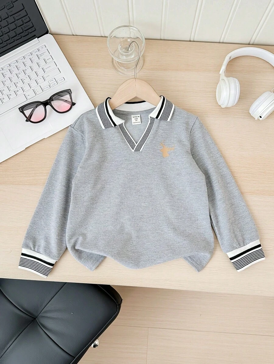SHEIN 年轻男孩休闲舒适鹿头图案罗纹领 Polo 衫