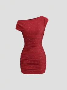 Sweetra Vestido de fiesta de un hombro sin espalda entallado para mujer, vestido mini sexy de un hombro rojo asimétrico y fruncido de lujo