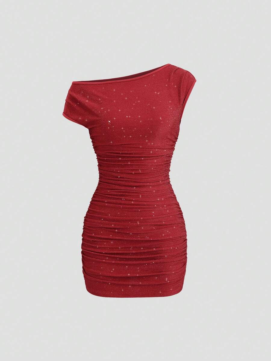 Sweetra Women's Backless One Shoulder Bodycon Party Dress, Luxury Ruched Asymmetric Red Shoulder-Baring Sexy Mini Dress - Red - View 1