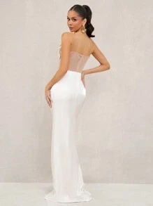 Lumalex White Summer Elegant Dining Strapless Mermaid Dress For Women,Flower Decor Richly Layered Wedding Banquet Engagement Old Money Ceremony Beach Dress - White - View 2