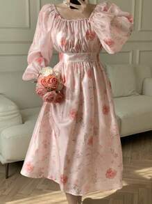 DAZY Vestido floral de gasa con escote cuadrado, mangas farol, cintura recogida y fluido para vacaciones de verano