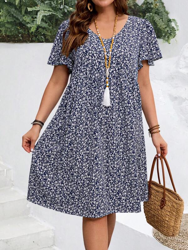 EMERY ROSE Plus Size Women's Summer Ditsy Floral Ruffle Sleeve Holiday Dress,Beach Dress Sundress,Holiday Outfits Boho