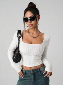 SHEIN ICON Women's Plain Long Sleeve Minimalist Ribbed Casual Y2K Square Neck Holiday Snow Women Beige Comfy Top, Daily Wear