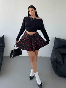 POPSWAY 大码樱桃印花系腰下摆半身裙