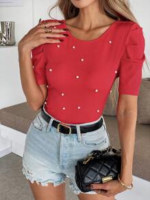 SHEIN Clasi Women's Fashion Elegant Bodycon T-Shirt With Back Pearl Decor, Red Top
