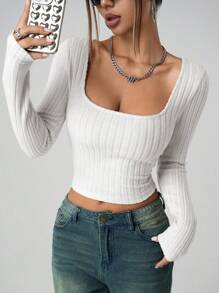 SHEIN ICON Women's Plain Long Sleeve Minimalist Ribbed Casual Y2K Square Neck Holiday Snow Women Beige Comfy Top, Daily Wear
