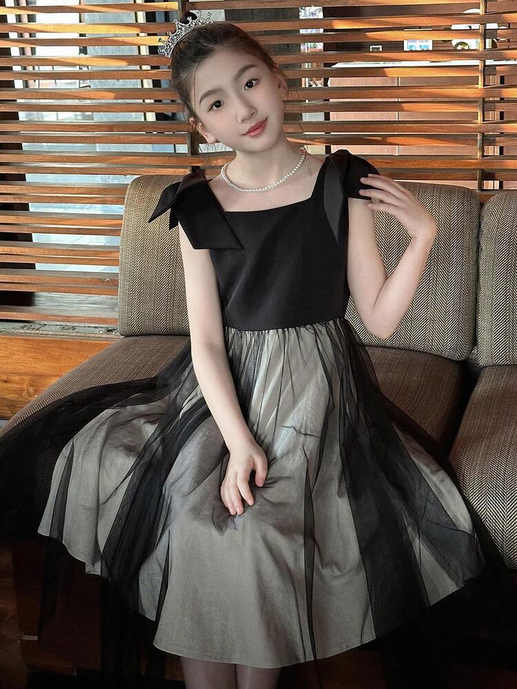 Vestido de contraste de malla con lazo en el hombro para niñas preadolescentes, conjunto de ropa de verano para niñas, ropa de regreso a la escuela