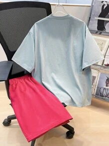 SHEIN Leap Crew 2pcs Set Teenboy's Casual Simple Versatile Street Style Cost-Effective Portrait Print Round Neck Knit Short-Sleeved T-Shirt Shorts Two-Piece SetSpring Wear; Teen Boys' Clothing; Teen Boy' Jackets, Spring Back To School