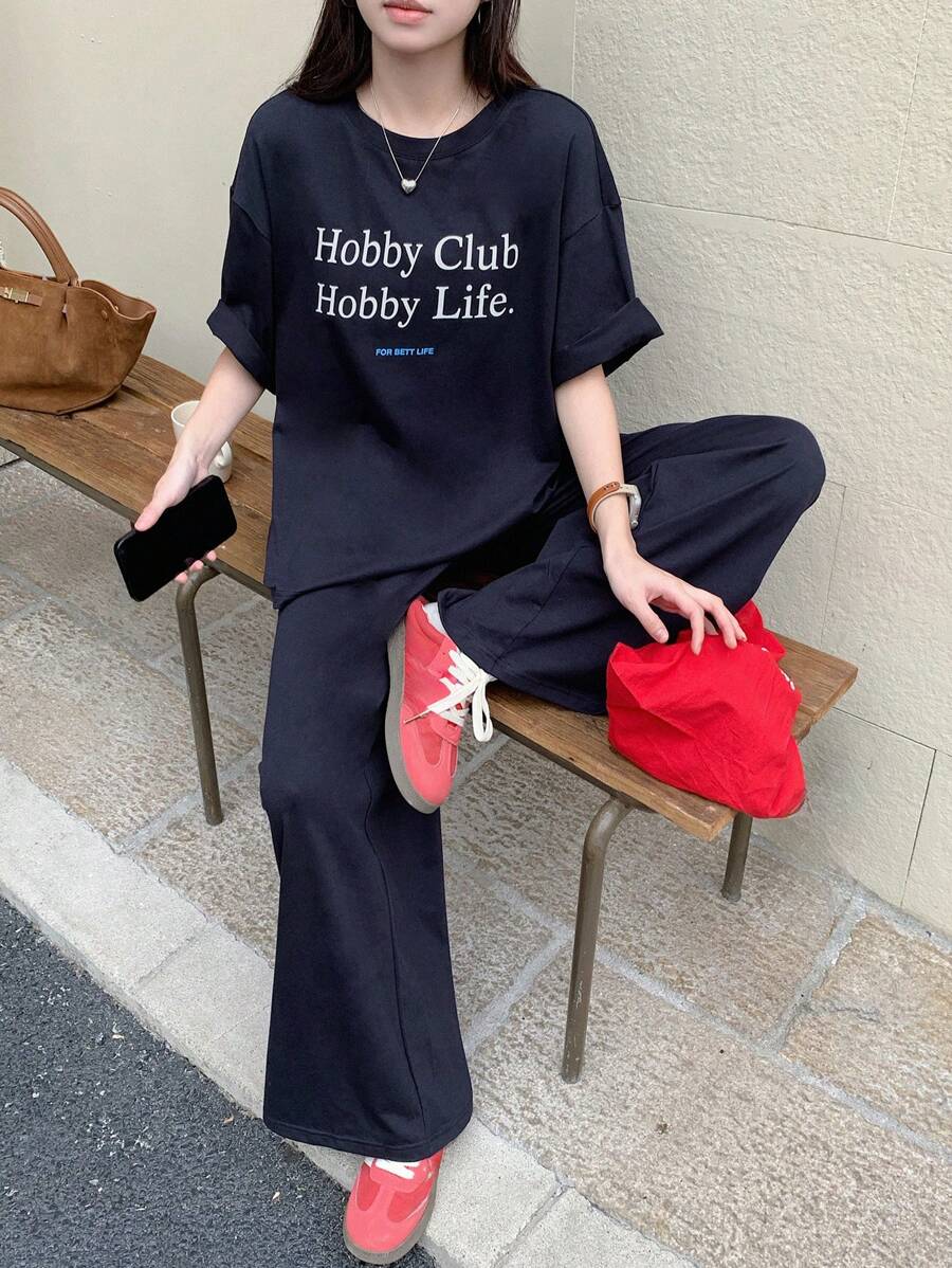 DAZY 2件套女士街头休闲字母图案T恤，春夏女士家居服套装 - 藏蓝色 - 查看 1