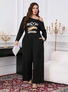 Ellevyn Salopetă neagră pentru femei, mărime plus, cu umeri goi, decolteu asimetric, decorațiuni metalice, casual, cu imprimeu leopard și inimă, tricotată, Ziua Îndrăgostiților, ținute de vacanță pentru femei, haine de Ziua Îndrăgostiților, inimă, iubită, ieșiri în oraș, vară, vintage, imprimeu ghepard, imprimeu leopard, umerii goi, salopetă neagră pentru femei - Negru - Vizualizare 2