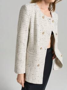 Ontre 2025 New Arrival Women's Modern & Elegant Double Breasted Padded Shoulder Boxy Loose Crew Neck Tweed Coat, Versatile For Spring Outings, Holidays, Valentine's Day