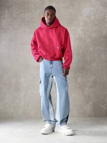 SUMWON Oversized Fleece Hoodie Fall Winter Casual Sweatshirt Streetwear Relaxed Fit Loungewear Minimalist Essential Comfortable Athletic Workout Unisex Pullover Hood Drawstring - Red - View 3