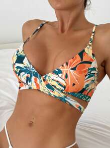 Summer Beach Random Print Vacation Style Adjustable & Detachable Strap Bikini Top - Multicolor - View 3