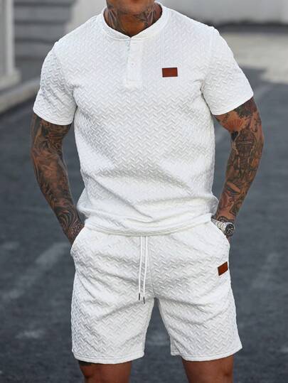 Manfinity CasualCool Enfärgad t-shirt och shorts för män Set, Casual Minimalistisk Vardagskläder Vita kläder för män män Vit outfit män 2 delar outfit män två delar Casual