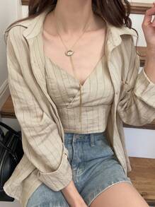 FRIFUL Conjunto de 2 piezas: Top tipo camiseta holgado casual y camisa a rayas de lino para mujer