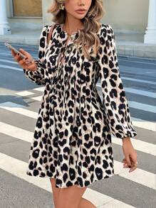 SHEIN Frenchy Women's Leopard Print Tie Front Lantern Long Sleeve Short Dress,Beige,Autumn,Boho Chic,Vacation,Casual Pleat Cross Neck Winter New Years Cheetah Dress - Multicolor - View 1