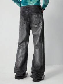 ROMWE MEN Street Life Jeans casuales rectos con bolsillo, botón y cremallera de unicolor para hombre - Celeste - Ver 2