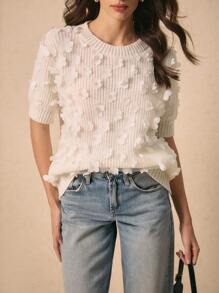 Poéselle White Short-Sleeved Sweater, Three-Dimensional Flower Sweater, Spring And Summer Sweater,Valentine's Day Sweater,Cute Tops,Women Embellished Round Neck Short Sleeve Sweater, Suitable For Everyday, Street, Date And Other Occasions To Wear