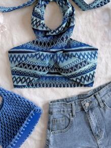 Soleia Parte superior corta de punto con rayas, escote cruzado y lazo en el cuello para mujer, ideal para vacaciones