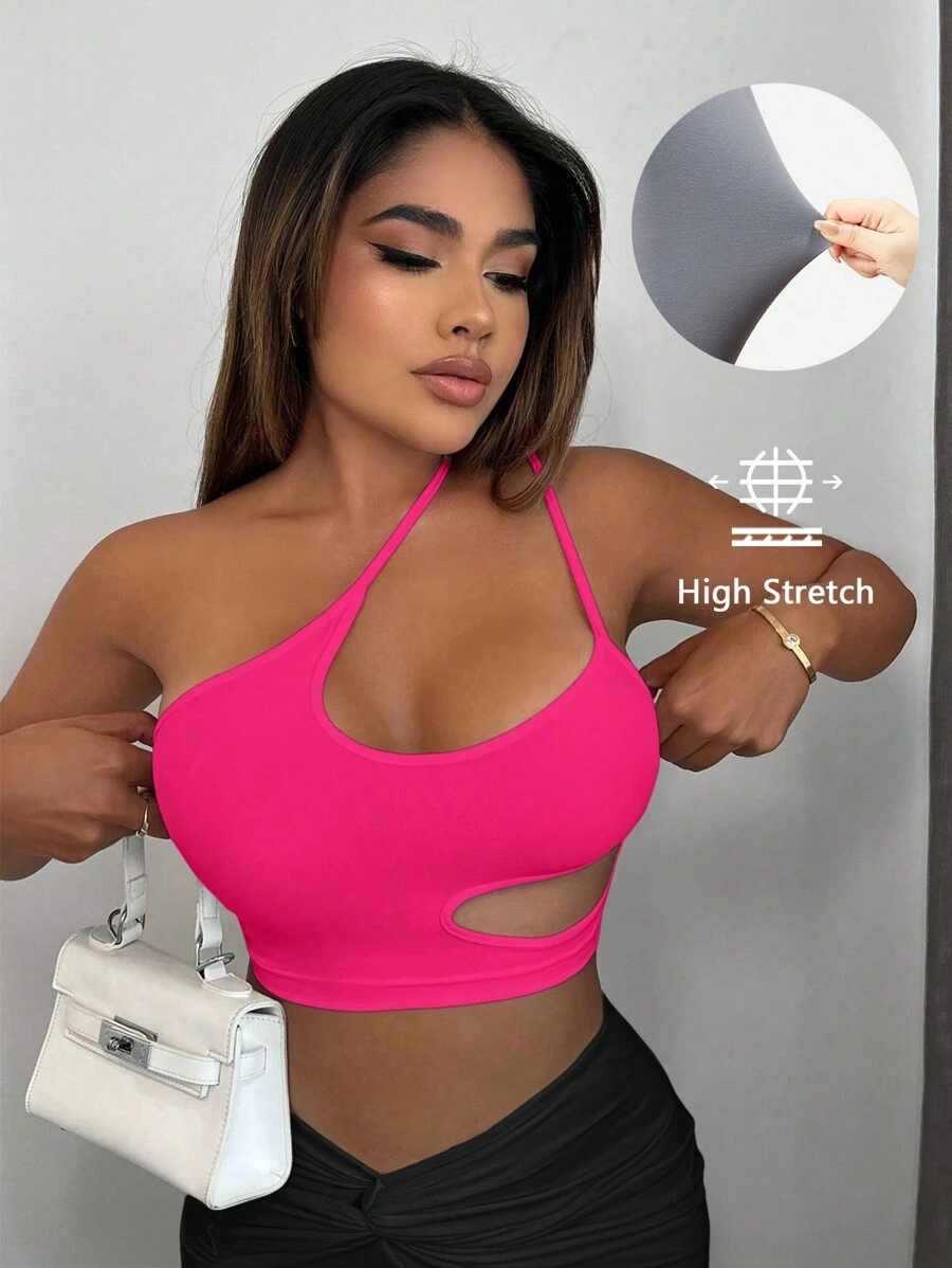 SHEIN SXY Women Asymmetrical Neck Cut Out Sleeveless Crop Top - Hot Pink - View 1
