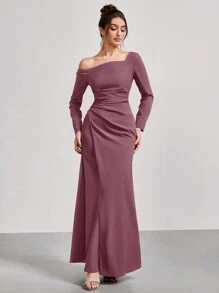 Coutiva 1 stuk dames asymmetrische hals lange mouwen gerimpelde lange feestjurk, mode banket feest oudejaarsavond festival socialite elegante jurk, bruiloft gast jurk, formele jurk, avondjurk