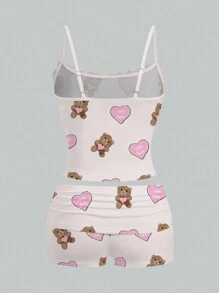 Gulsengunel Artist 2pcs Lace Cami Top & Ruched Shorts Set For Women, Summer, Holiday, New Year, Valentine's Day, Going Out - Baby Pink - View 2