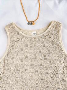 SHEIN TEENGIRL 卡其色度假钩针针织背心和开衩裙套装，非常适合音乐节、波西米亚风装扮 - 卡其色 - 查看 4
