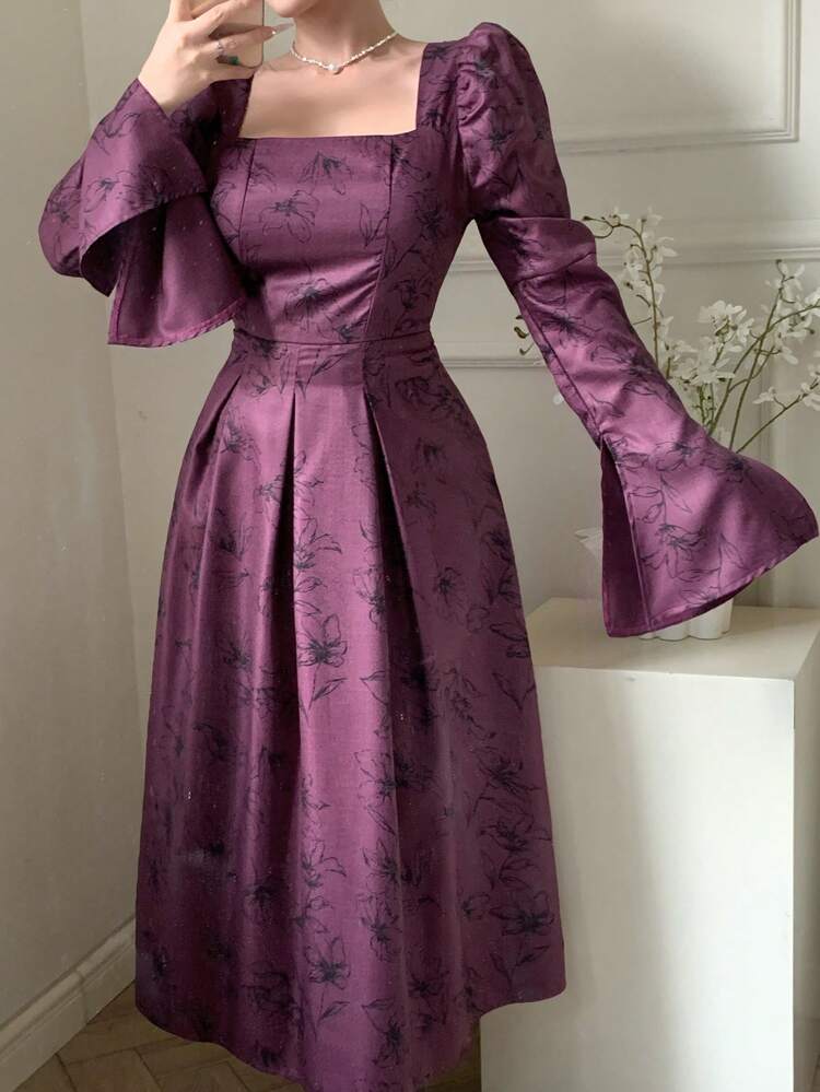 Women's Long Floral Print Flare Sleeve Vacation Dress, Palace Style, Suitable For Summer, Valentine's Day Prom Dress,Ruffle Elegant Women Dresses