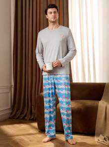 Men's Long Sleeve Top And Long Pants Pajama Set - Grey - View 1
