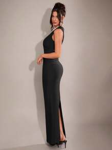 SHEIN BAE Traje de blazer de mujer de color negro sólido, de escote en V sexy, sin mangas y sencillo