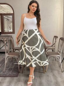 SHEIN LUNE Plus Size Women Geometric Pattern Casual A-Line Skirt Western Wear Women Boho Bohemian 90s Clothes Festival,Summer Outfits For Women, Old Money , Spring Break Outfits, Modesty Clothes Women Summer Boho Old Money Summer Outfits For Women Spring Break Rave Outfits Festival Spring Break Outfits