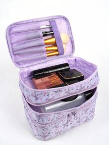 Jun Shu Artist Bow Pattern Fashionable Cute 3 Layers Cosmetic Bag For Storage, Square-Shaped Makeup Bag - Mauve Purple - View 4