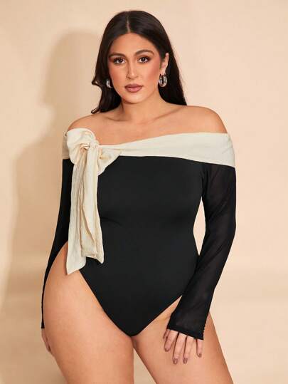 SHEIN BAE Plus Size Women's Cold Shoulder Asymmetric Tie Dye Bodysuit, Elegant Women's Bodysuit, Tops, Off Shoulder, Off Shoulder Bowknot Top, Spring Women Outfits, Valentine's Dress, Valentine's Women Outfit, Top With Bow, Black Dress, Spring Dress, Bachelorette Outfits, Easter, Carnival, Easter Women Dress, Renaissance