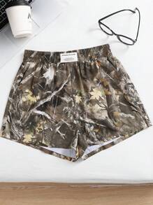 SHEIN Teen Girls Summer Olive Bare Branch Camouflage & Leaf Retro Print Loose Casual Street Sporty Shorts