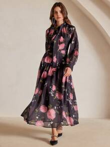 Anewsta Robe évasée à manches longues évasées avec imprimé floral plissé pour femmes, robe ample élégante de mode - Noir - Voir 3