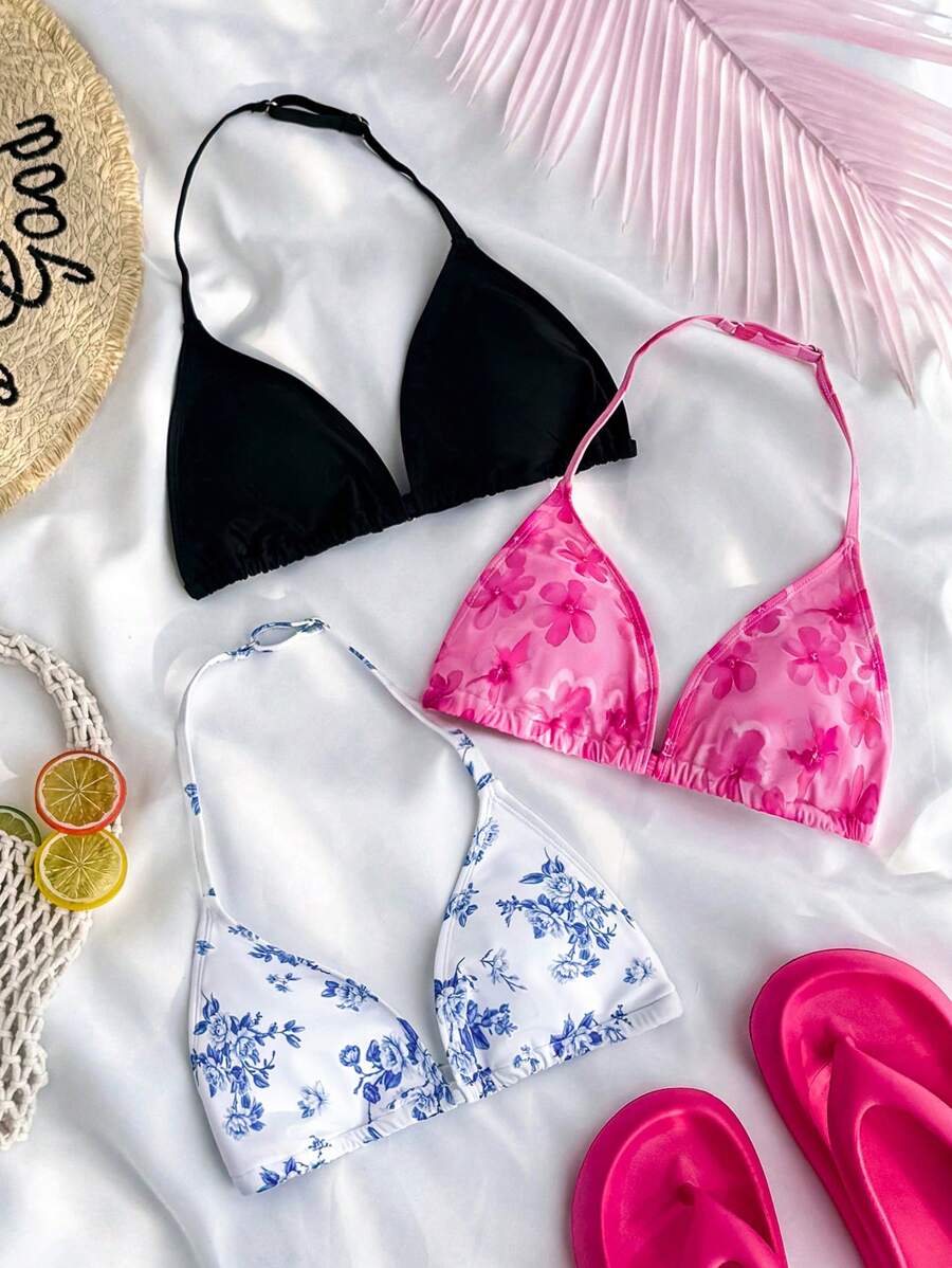 SHEIN Conjunto de 3 piezas para adolescentes: Top de bikini halter de unicolor y estampado floral diminuto