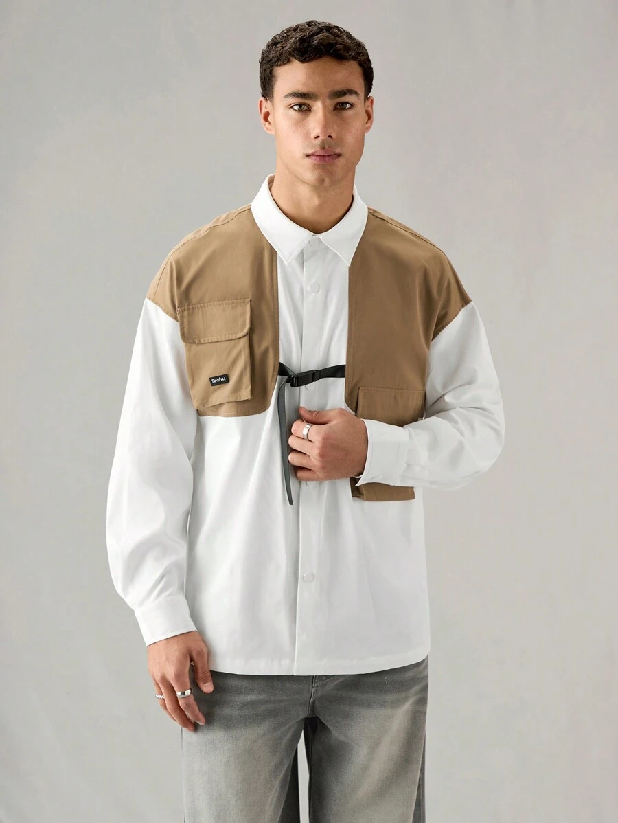 Mainfolk Camisa Social Masculina de Manga Longa Suelta e Casual com Apliques para Uso Diário - Multicolorido - Visão 1