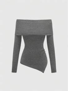 ROMWE Goth Minimalist Romantic Off Shoulder Sexy Asymmetrical Hem Fitted Women Sweater