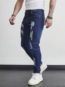 Manfinity LEGND Men's Pocket Distressed Skinny Casual Jeans - Dark Wash - View 6