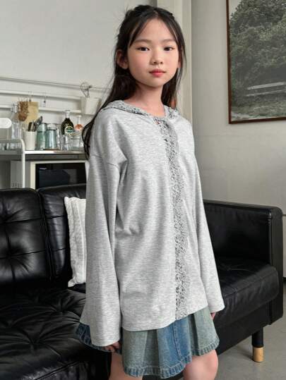 DAZY 青少年女孩蕾丝拼布针织连帽长袖开衫，适合春季、返校季服装