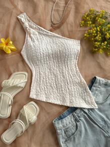 Soleia 女士度假米色纹理针织面料单肩不对称下摆扭肩设计修身衬衫，适合派对、约会、情人节、海滩、游轮、复活节、狂欢节 - 白色 - 查看 1