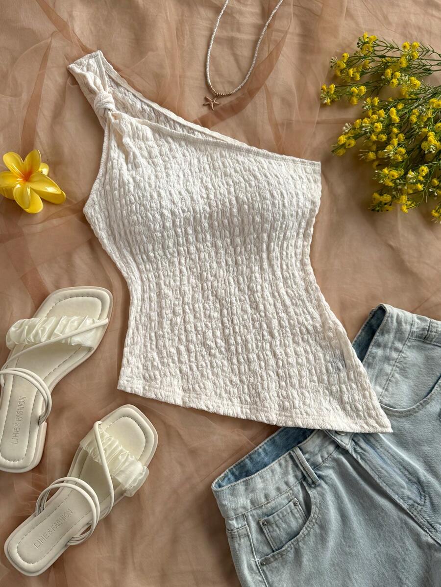 Soleia 女士度假米色纹理针织面料单肩不对称下摆扭肩设计修身衬衫，适合派对、约会、情人节、海滩、游轮、复活节、狂欢节 - 白色 - 查看 1