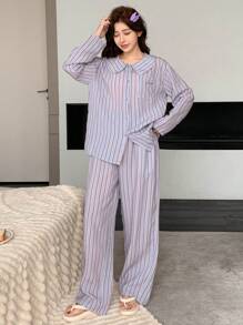 DAZY Ensemble Femme Blouse à Manches Longues à Col Claudine Rayé et Pantalon de Pyjama Ample - Prune - Voir 5