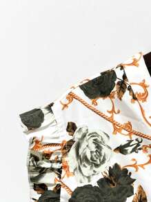 SHEIN LUNE Conjunto de 2 piezas de tallas grandes para mujer, con blusa holgada de manga corta con estampado floral vintage y pantalones rectos y sencillos, conjunto casual para primavera/verano