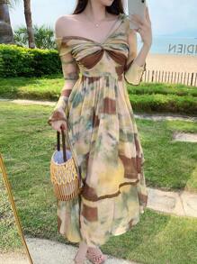 DAZY Botanical Print Floral Trumpet Sleeve Ruffle Trim Contrast Shoulder Midi Dress For Women,Fall Dress Long Sleeve Dress Off Shoulder Vacation Outfits Women - Multicolor - View 1