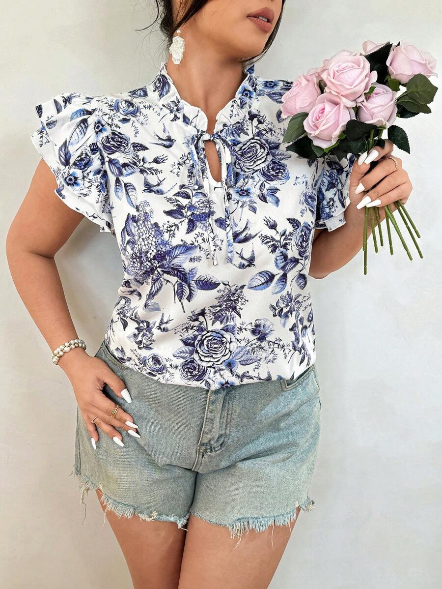 SHEIN Clasi Women's Plus Size Summer Floral Pattern Blouse With Frilled Collar, Bowknot , And Double Ruffle Sleeves - Elegant French Style - Blue - View 1