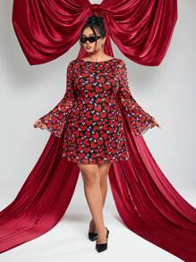 SHEIN ICON فستان A-Line ذو أكمام واسعة وطبعة قلوب شبكي مصنوع من الأنسجة المبرمة المناسبة للمقاسات الكبيرة، مناسب لليلة المواعدة وعيد الحب - متعدد الألوان - مشاهدة 5