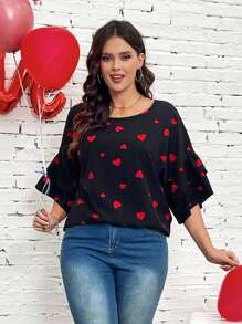 SHEIN CURVE+ CURVE PLUS /Valentine's Day/Plus Size Valentine's Day Cute Date & Party Red Heart Blouse, For Summer - Black - View 4