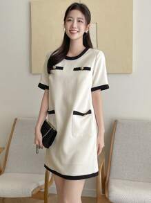 DAZY Color Block Round Neck Women's Casual Short Sleeve Mini Dress Sundress - Beige - View 8